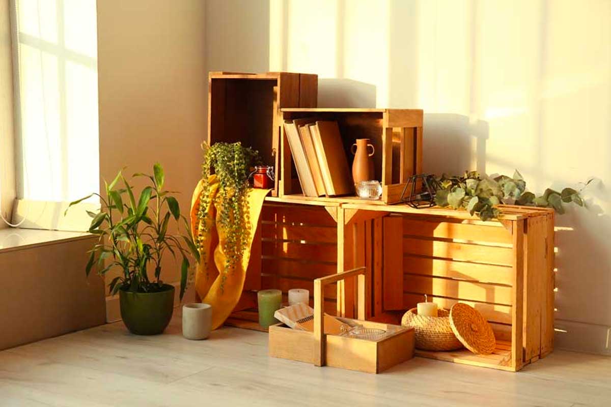 Angolo di casa arredato con cassette di legno riciclate, libri, piante e candele, illuminato dalla luce del sole del pomeriggio. Atmosfera calda e naturale.