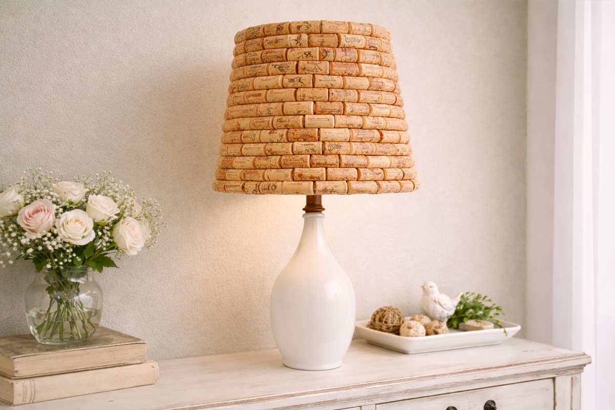 Lampada da tavolo con paralume realizzato a mano usando tappi di sughero riciclati, su mobile chiaro accanto a un vaso di rose e piccoli oggetti decorativi.