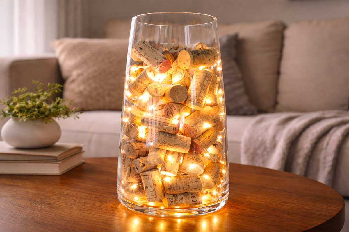 Vaso di vetro trasparente riempito di tappi di sughero e lucine a LED, su tavolino in soggiorno accogliente con divano e coperta sullo sfondo.