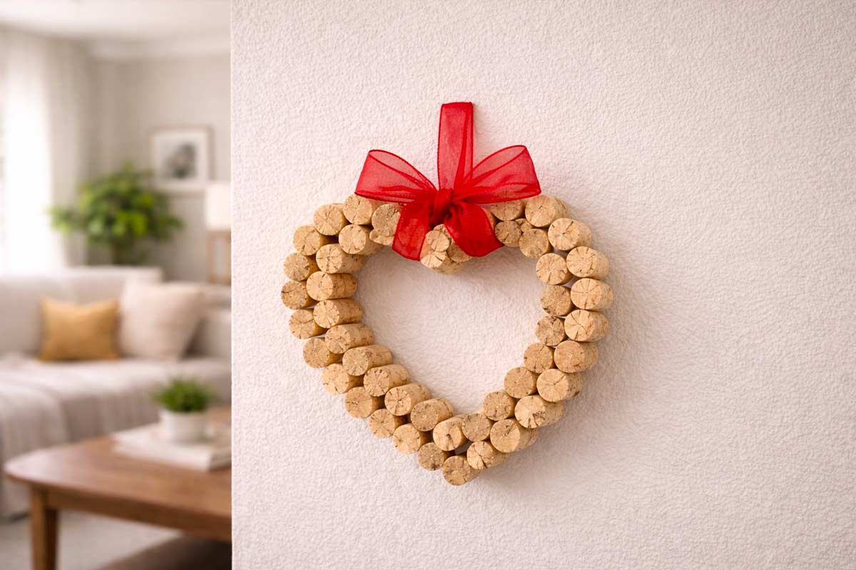 Ghirlanda a forma di cuore realizzata con tappi di sughero riciclati, decorata con un fiocco rosso e appesa a una parete chiara in soggiorno luminoso.