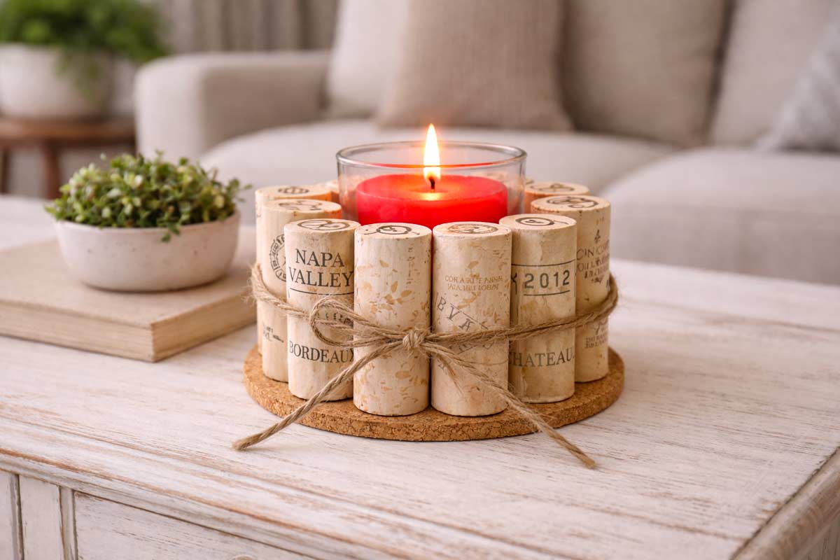 Portacandela realizzato con tappi di sughero riciclati e spago naturale, con candela rossa accesa al centro, su tavolino in soggiorno dal tono caldo e rilassato.