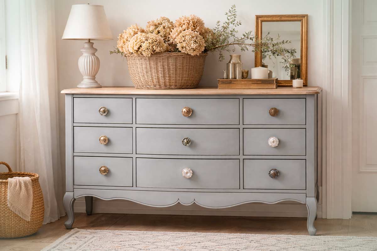 Vecchia cassettiera riverniciata in grigio polvere con pomelli diversi, decorata con una cesta di fiori secchi, una lampada e uno specchio, in una stanza luminosa e raffinata.