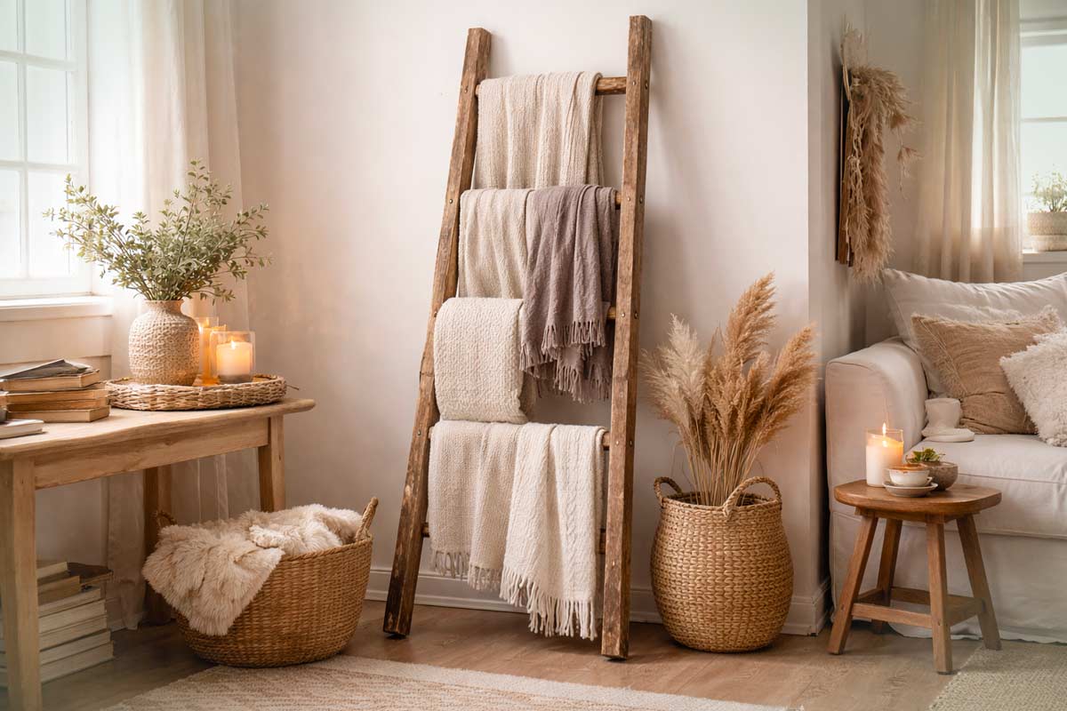 Vecchia scala in legno riutilizzata come porta plaid in un angolo accogliente, tra ceste di vimini, candele accese e dettagli naturali, in una stanza luminosa e rilassante.