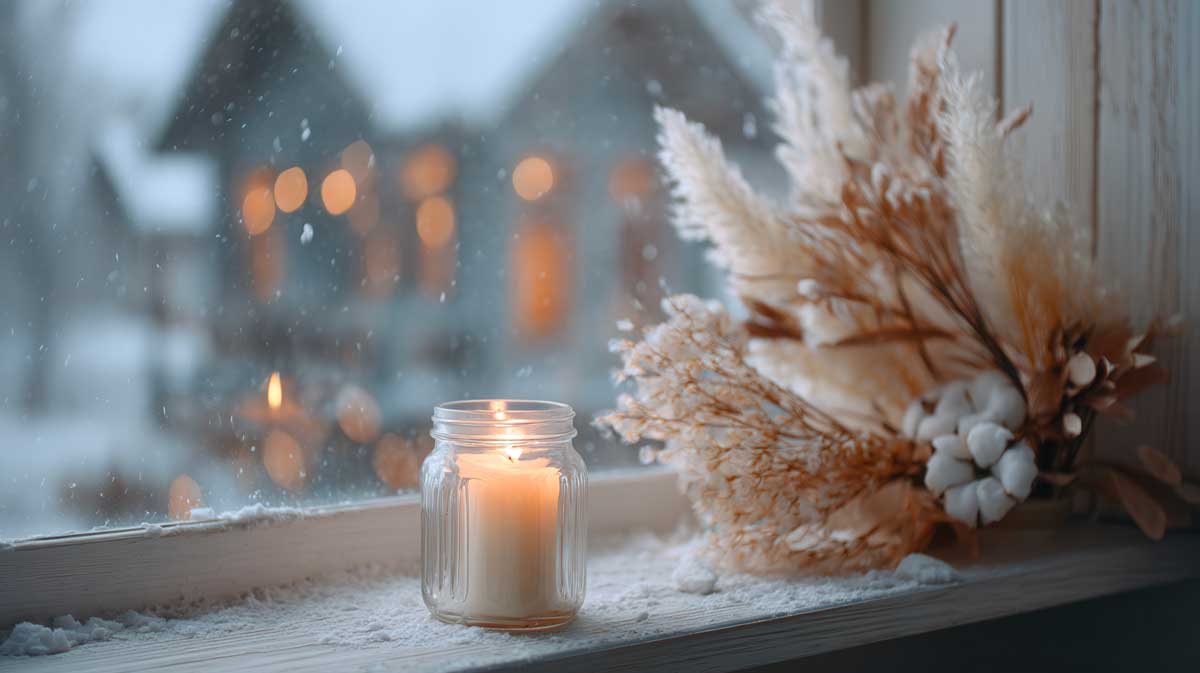 Barattolo di vetro con candela accesa su un davanzale innevato, accanto a rami secchi decorativi, con la neve e le luci calde delle case sullo sfondo.