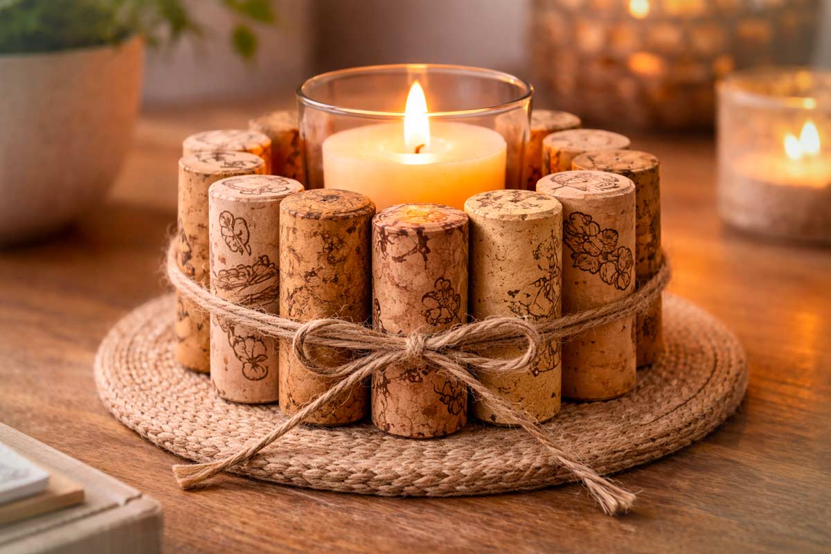 Centrotavola fai da te realizzato con tappi di sughero disposti in cerchio, legati con spago naturale, al centro una candela accesa in un bicchiere di vetro, su base intrecciata, stile rustico e accogliente.