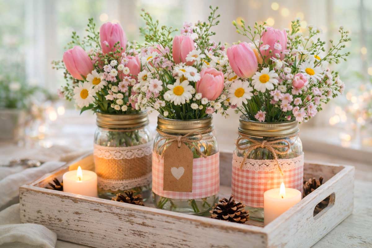 Tre barattoli di vetro decorati con juta, pizzo e stoffa a quadretti rosa usati come vasi per tulipani rosa e margherite, sistemati su un vassoio di legno con candele accese e pigne. Atmosfera fresca e primaverile.