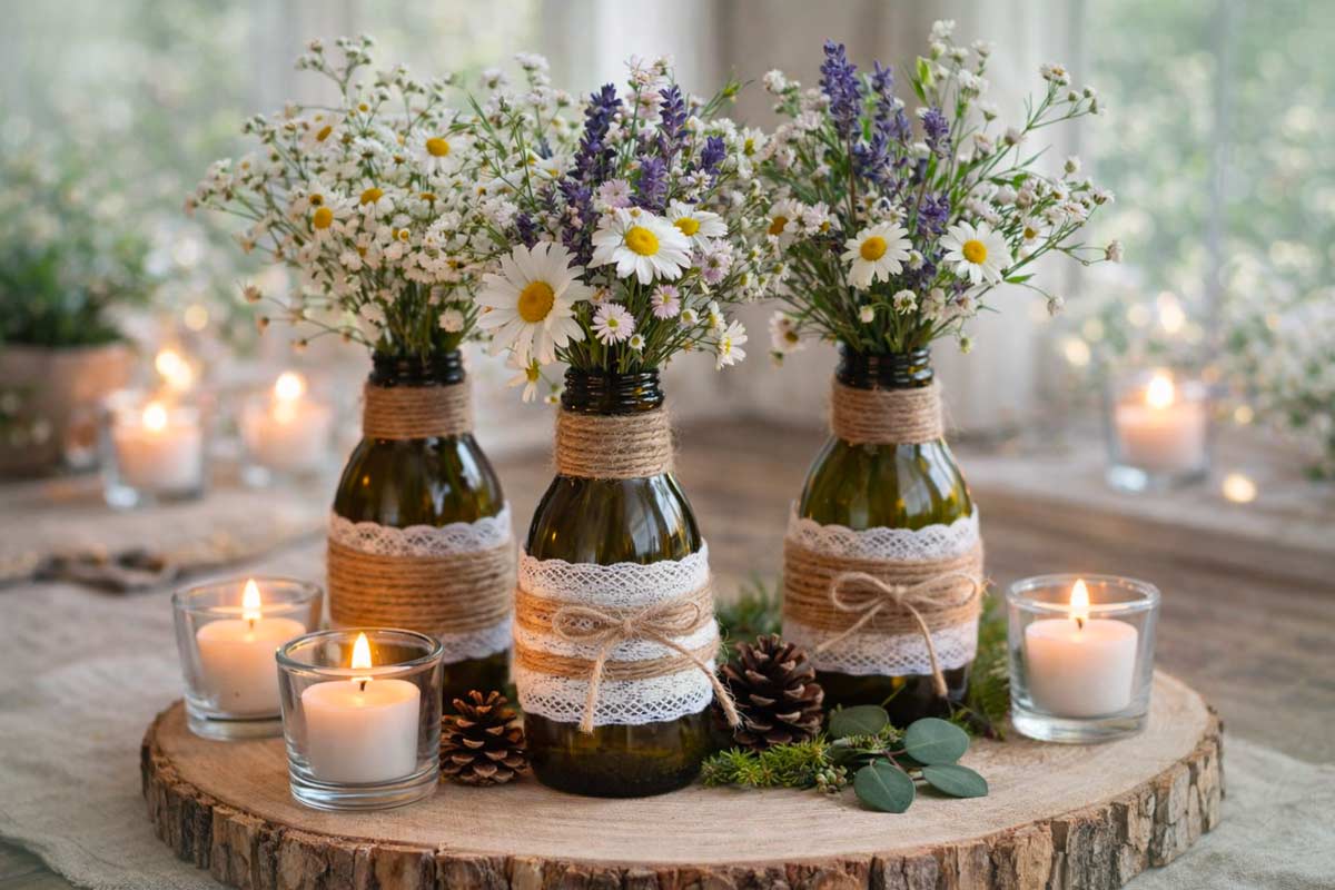 Tre bottiglie di vetro verde decorate con spago e pizzo usate come vasi per margherite, lavanda e fiori di campo, appoggiate su una base di legno con candele accese, pigne e foglie. Stile naturale e country.