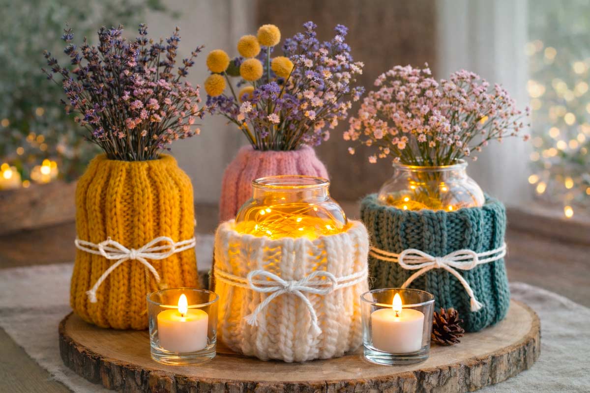 Vasetti di vetro rivestiti con coperture di lana colorata fatte a maglia, decorati con spago, usati come portafiori e porta luci led, disposti su una base di legno con candele accese. Effetto caldo e accogliente, perfetto per l’inverno.