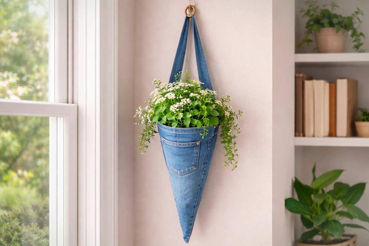 Porta vaso sospeso ricavato dalla gamba di un vecchio jeans: pratico per ospitare piante leggere, si appende facilmente grazie al passante originale e dona un tocco green a pareti e finestre.