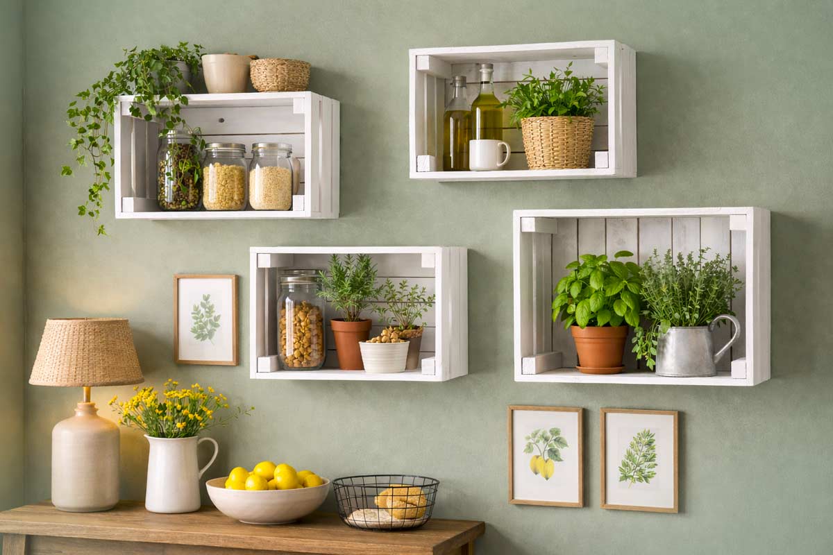 Mensole con cassette di legno riciclate su parete verde, con piante aromatiche, barattoli e oggetti decorativi.