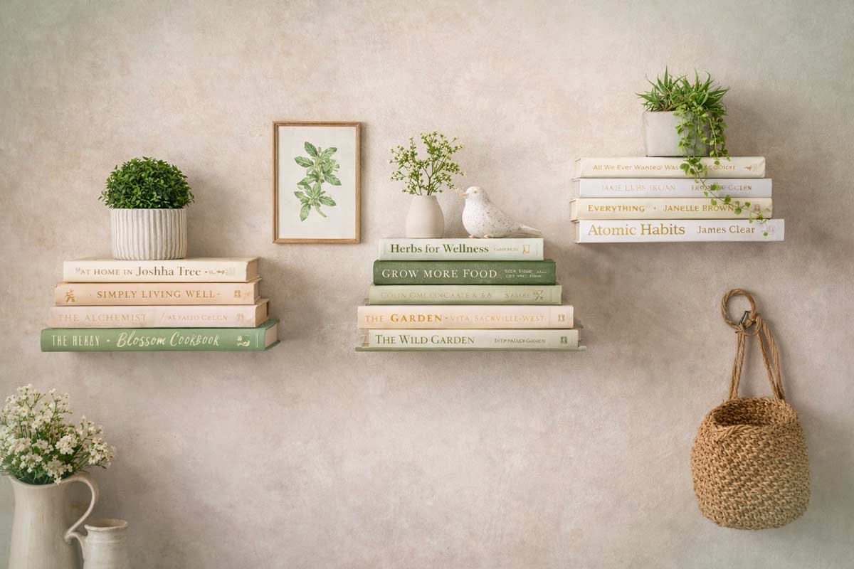 Libri usati fissati a parete come mensole, con piante e piccoli oggetti decorativi dallo stile naturale.