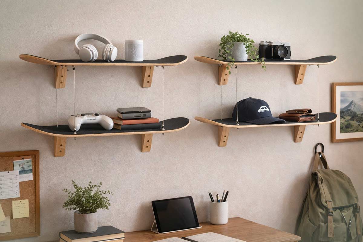 Mensole ricavate da vecchi skateboard fissati al muro, usate per riporre oggetti, accessori e piante sopra una scrivania.