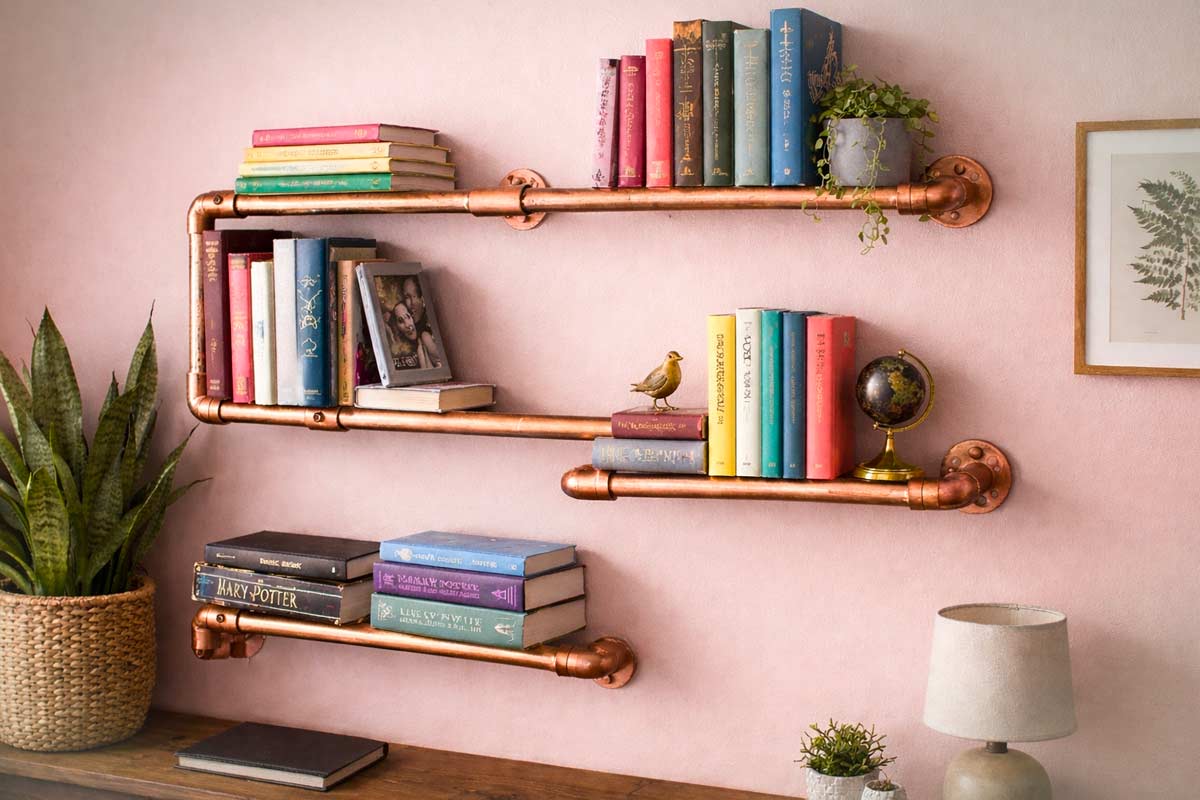 Mensole realizzate con tubi di rame assemblati a parete, usate per libri, piante e piccoli oggetti decorativi.