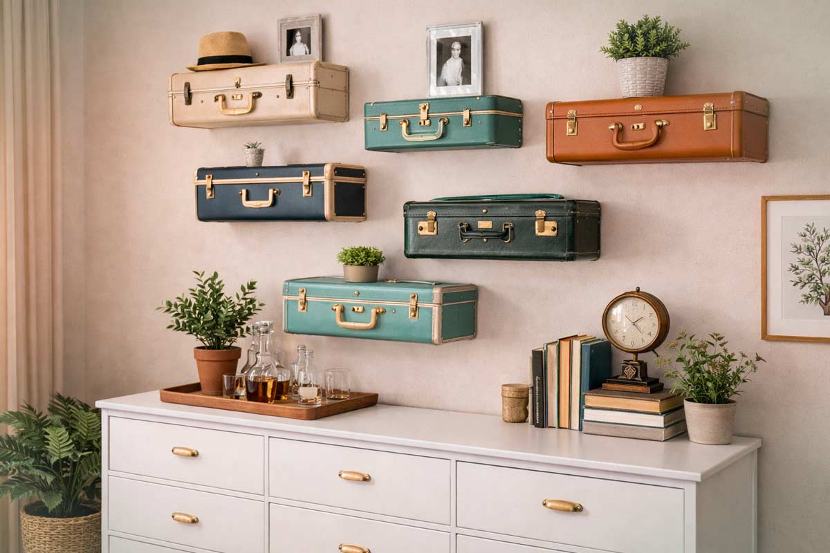 Mensole create con valigie vintage fissate al muro, usate come ripiani per piante, libri e oggetti decorativi sopra una cassettiera.