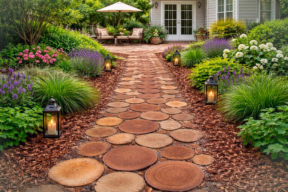 Sentiero da giardino realizzato con dischi di tronco di legno e pacciamatura, bordato da lanterne e piante fiorite, davanti a una casa con patio.