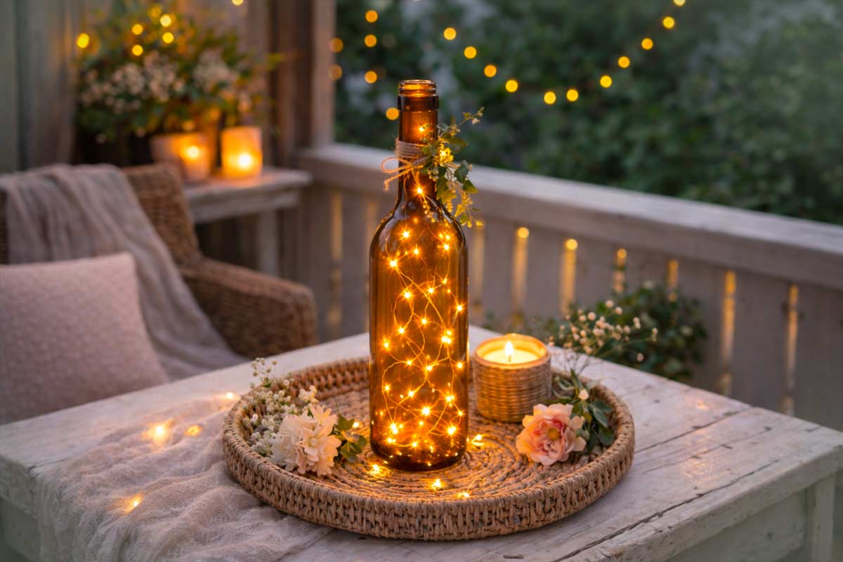 Bottiglia di vetro marrone con luci LED calde all’interno, decorata con fiori freschi, su vassoio intrecciato, accanto a una candela accesa su tavolino bianco in terrazzo, atmosfera serale accogliente.