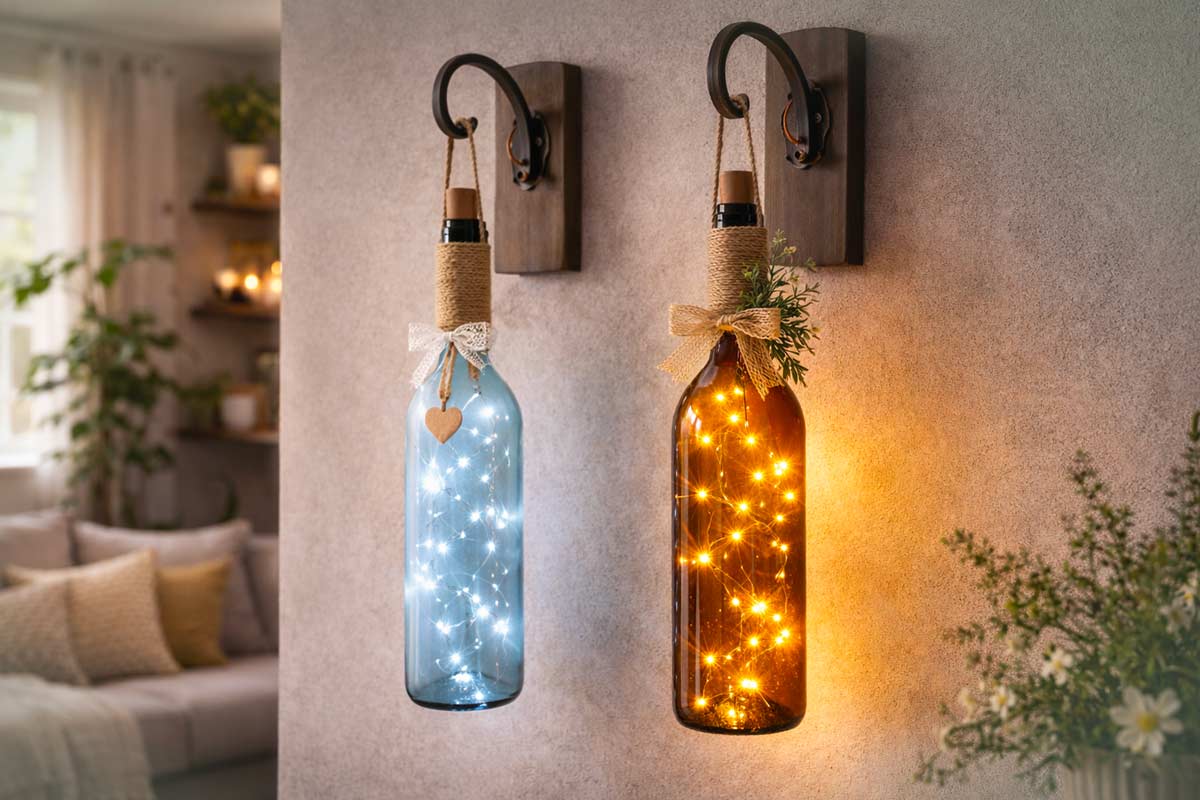 Due bottiglie di vetro appese al muro, una azzurra e una ambrata, con luci LED all’interno, decorate con spago e fiocco, usate come lanterne luminose in salotto.