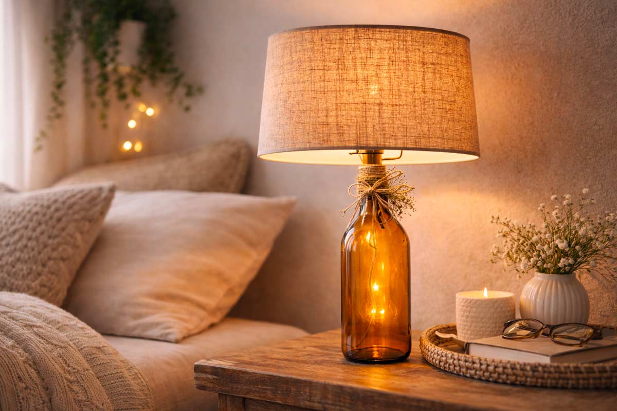 Lampada da tavolo realizzata con bottiglia di vetro ambrato e paralume in tessuto, decorata con spago, su comodino in camera da letto, atmosfera calda e rilassante con candele e fiori.