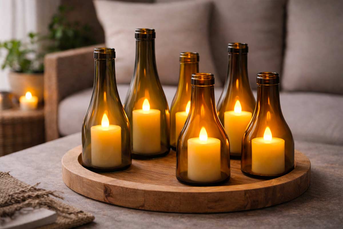 Basi di bottiglie di vetro ambrato usate come coprilume per candele accese, disposte su vassoio rotondo in legno, su tavolino in salotto dall’atmosfera calda e accogliente.