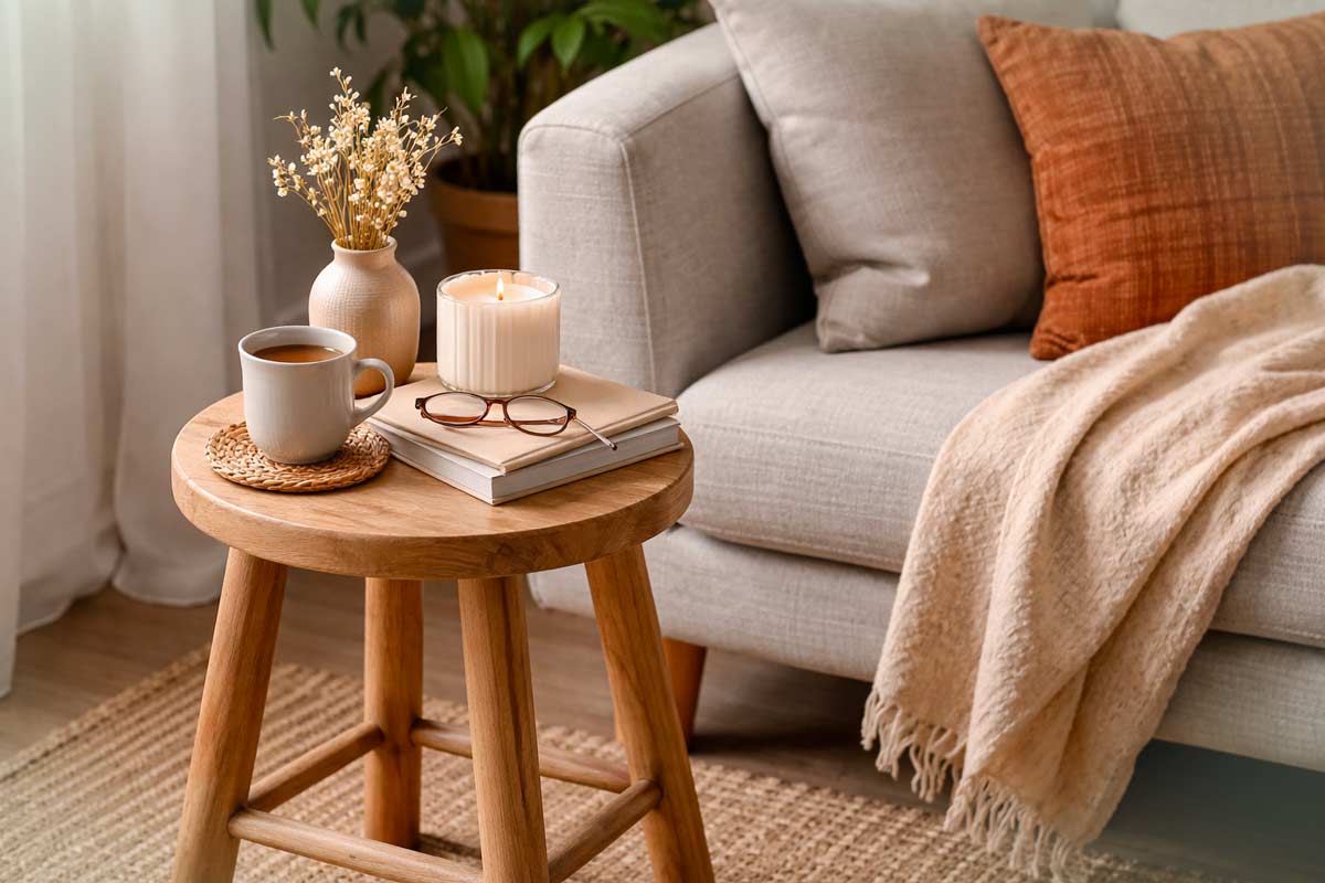 Sgabello in legno usato come tavolino, con tazza, candela, libri e vaso accanto a un divano chiaro in salotto luminoso.