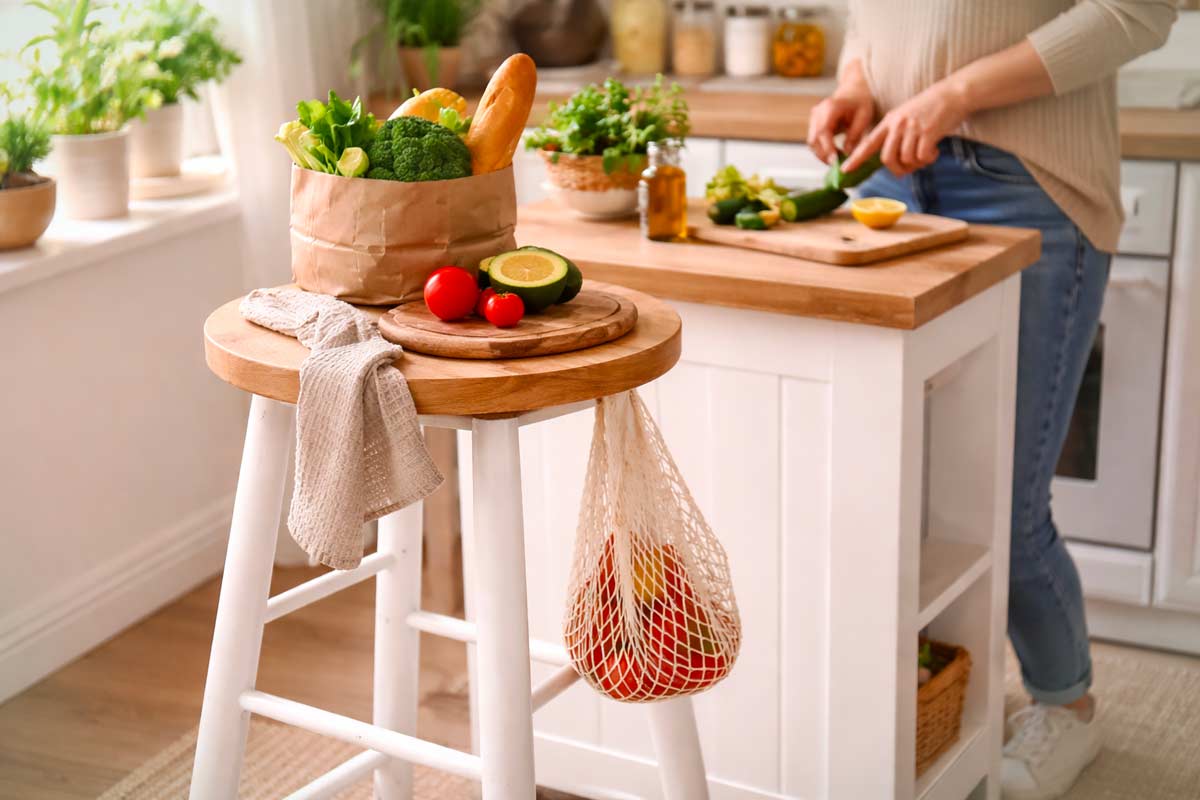 Sgabello alto in cucina usato come piano d’appoggio per verdura e spesa, vicino a una persona che cucina in un ambiente luminoso.
