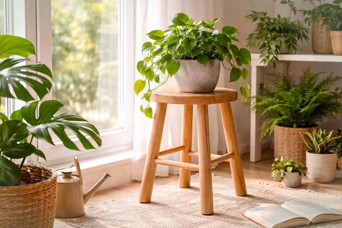 Sgabello in legno usato come supporto per pianta in vaso, vicino a una finestra in una stanza luminosa con altre piante verdi.