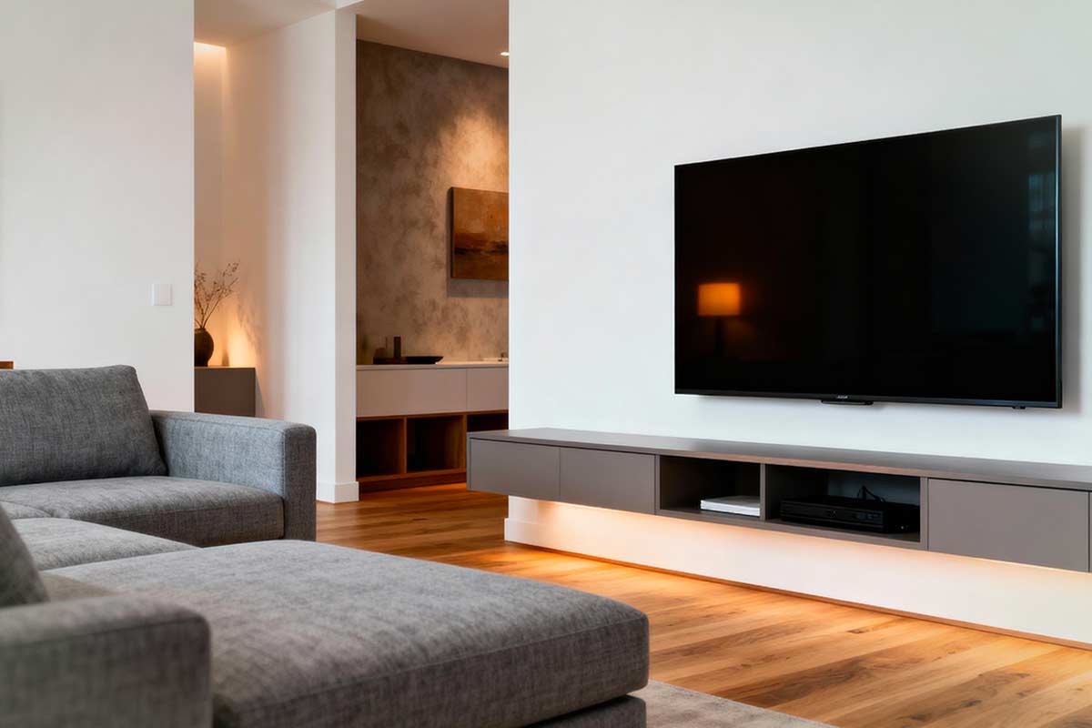 Soggiorno moderno con mobile sospeso grigio sotto la TV, pareti chiare e divano in tessuto, pavimento in legno e illuminazione a LED sotto il mobile | Foto: © Youmin - stock adobe