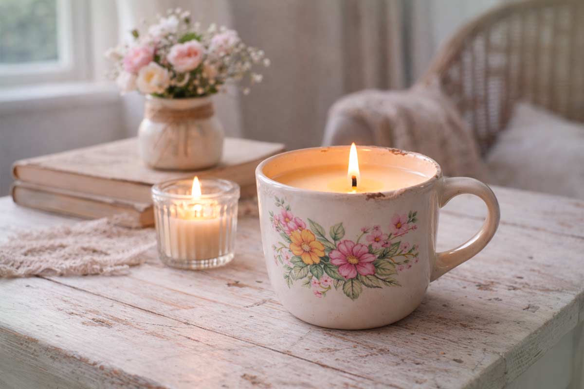 Tazza vintage con decorazioni floreali usata come candela, appoggiata su un tavolo in legno bianco stile shabby; accanto una candela in vetro, libri impilati e un vaso di fiori delicati sullo sfondo, atmosfera romantica e accogliente.