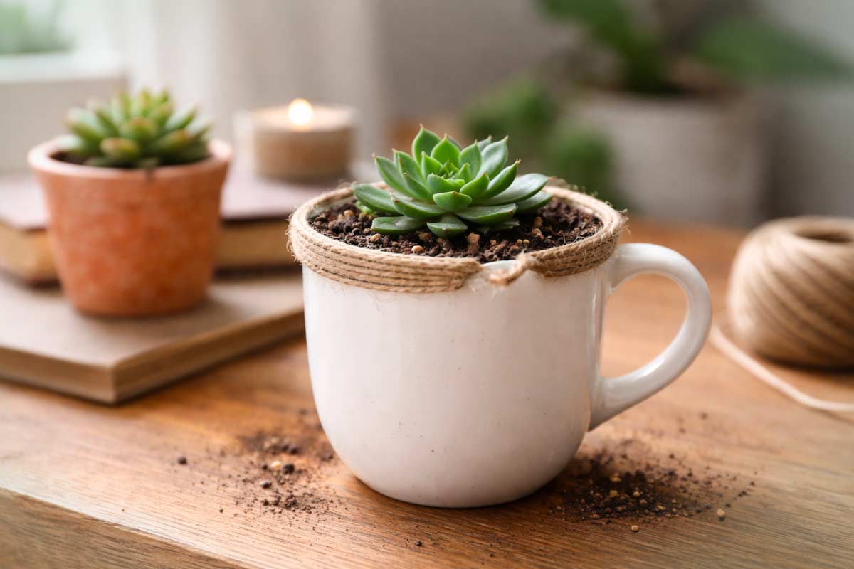 Tazza bianca sbeccata trasformata in portavaso per pianta grassa, con spago attorno al bordo, appoggiata su tavolo di legno; sullo sfondo un vaso di terracotta, libri e una candela accesa, atmosfera naturale e rilassata.